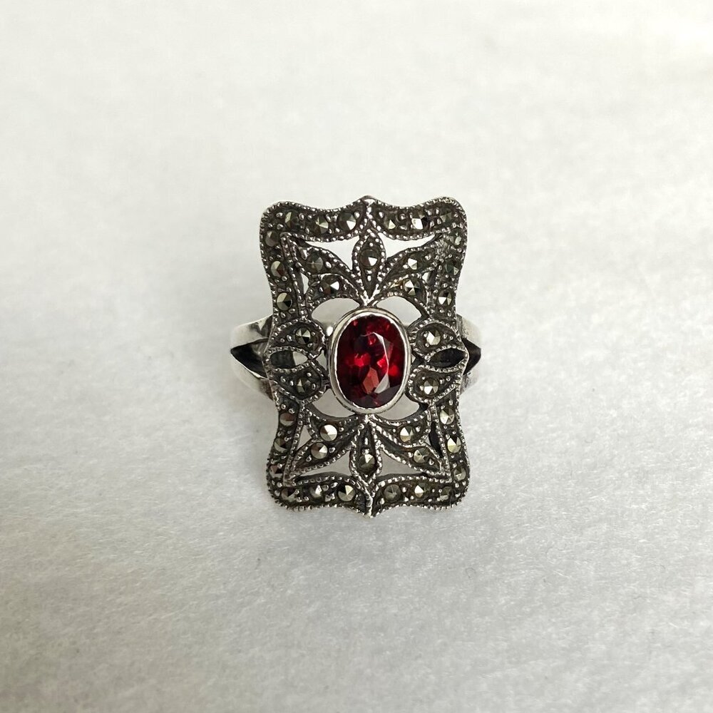 VTG Judith Jack Sterling Silver 925 Art Deco Style Oval Garnet Marcasite Ring